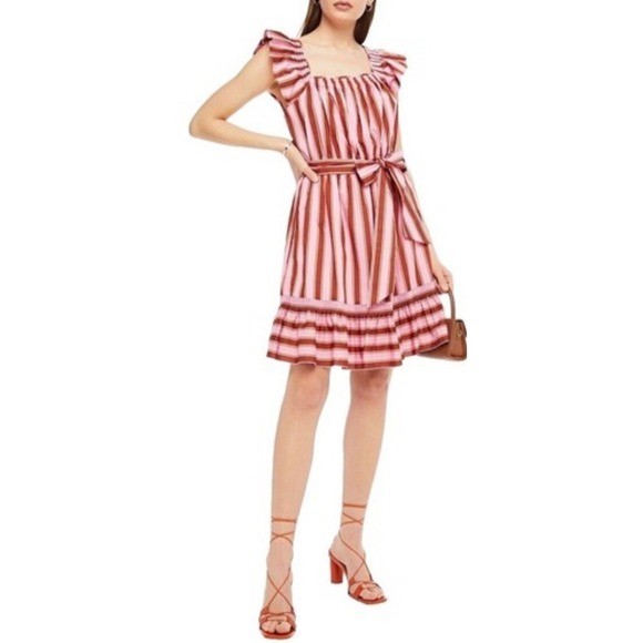 NWOT $298 Kate Spade Calais Pink Stripe Ruffle Flutter Dress Women's M - Picture 2 of 13